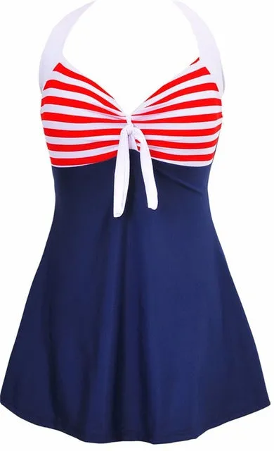 Newest Sexy  Stripe Padded Halter Skirt Swimwear Women One Piece Swimsuit Beachwear Bathing Suit Swimwear Dress Plus Size M-4XL