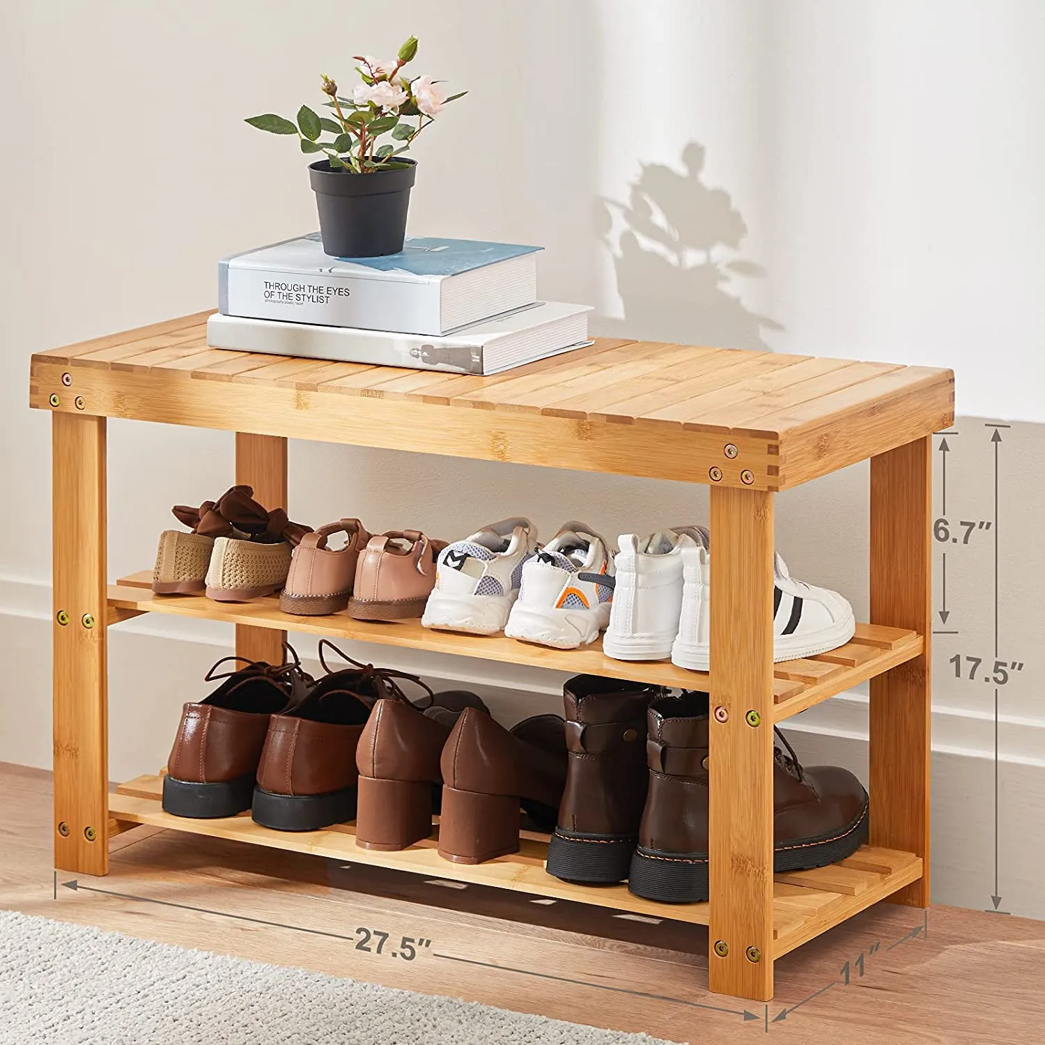 Pipishell Bamboo Shoe Rack Bench 3-Tier Sturdy Shoe Organizer