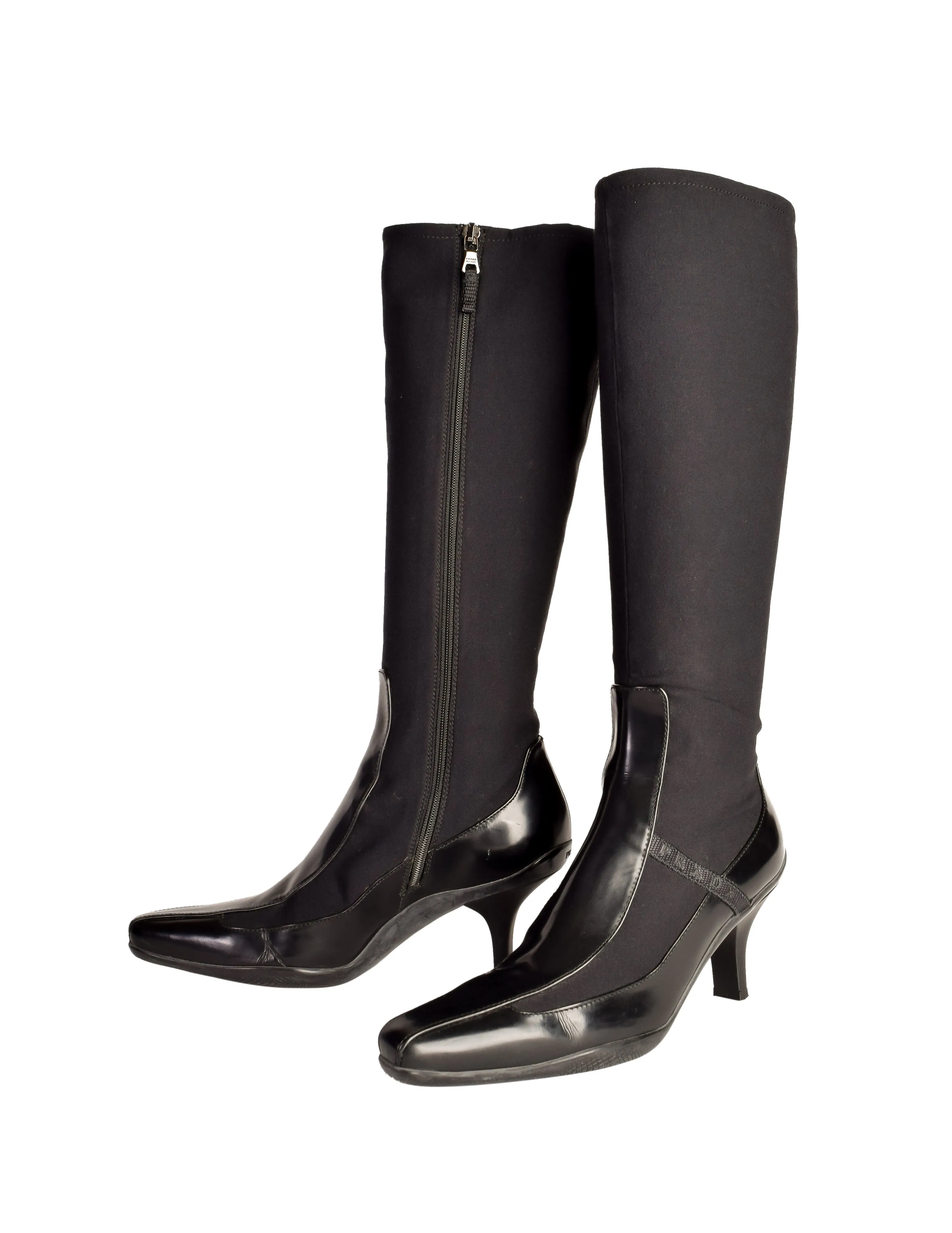 Prada Vintage 1990s Black Neoprene Leather Knee High Boots