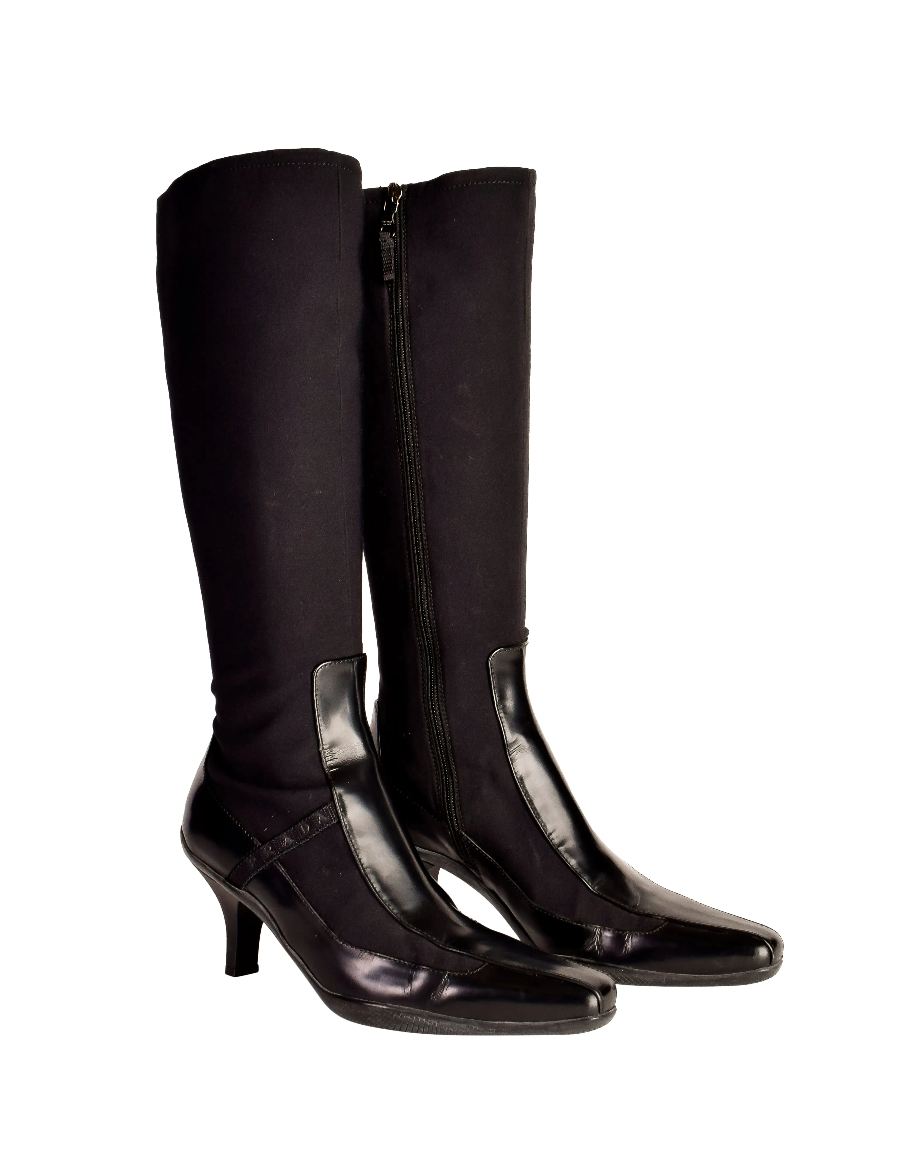 Prada Vintage 1990s Black Neoprene Leather Knee High Boots