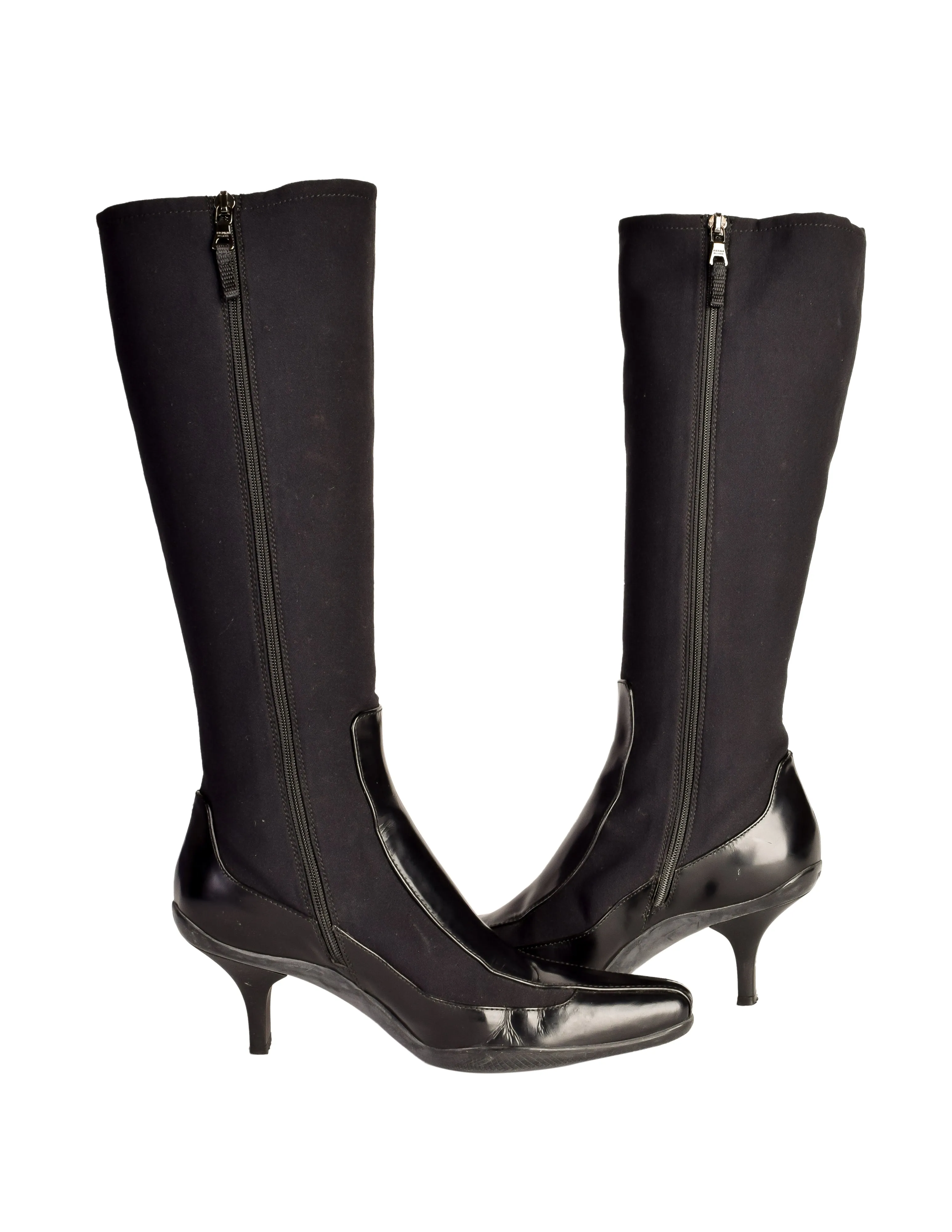 Prada Vintage 1990s Black Neoprene Leather Knee High Boots