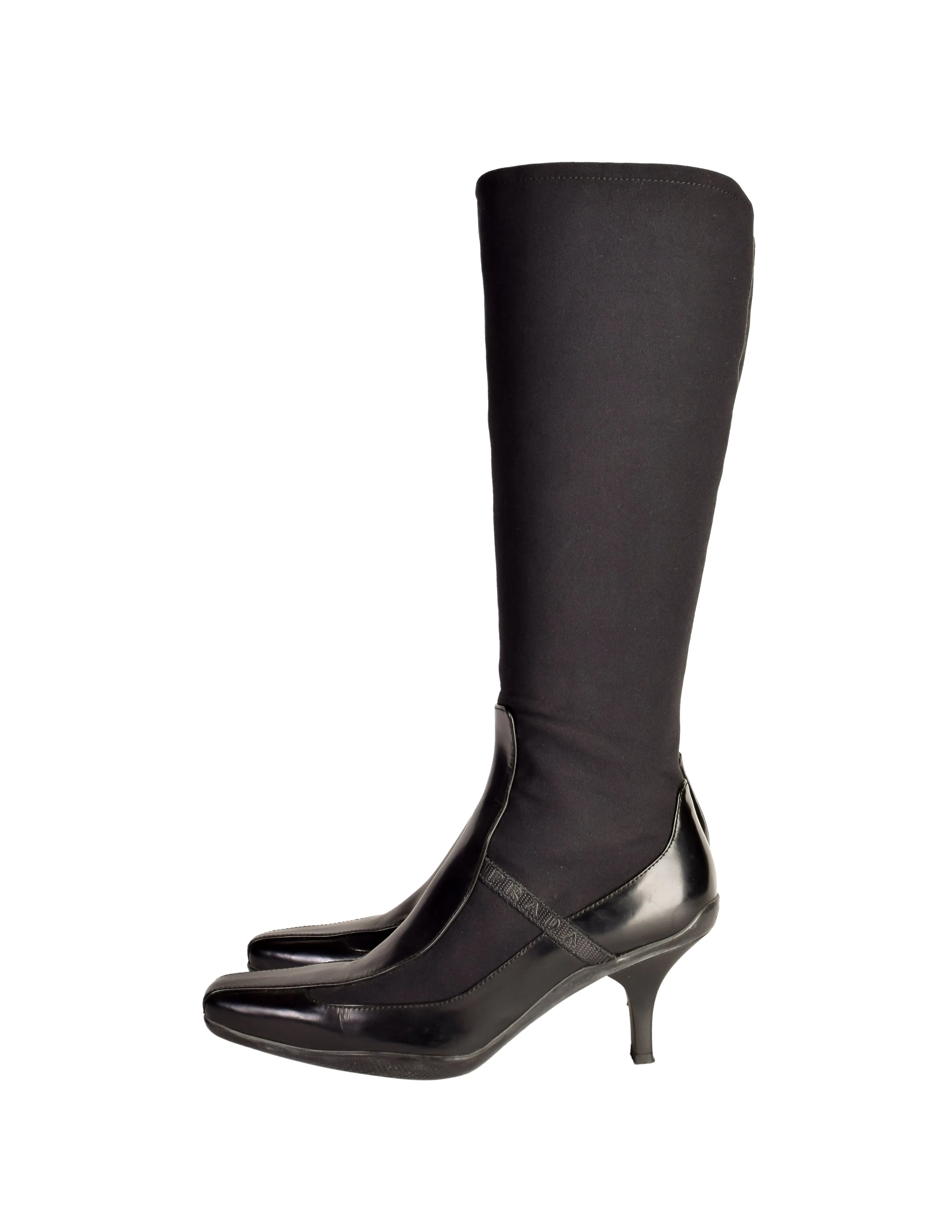 Prada Vintage 1990s Black Neoprene Leather Knee High Boots