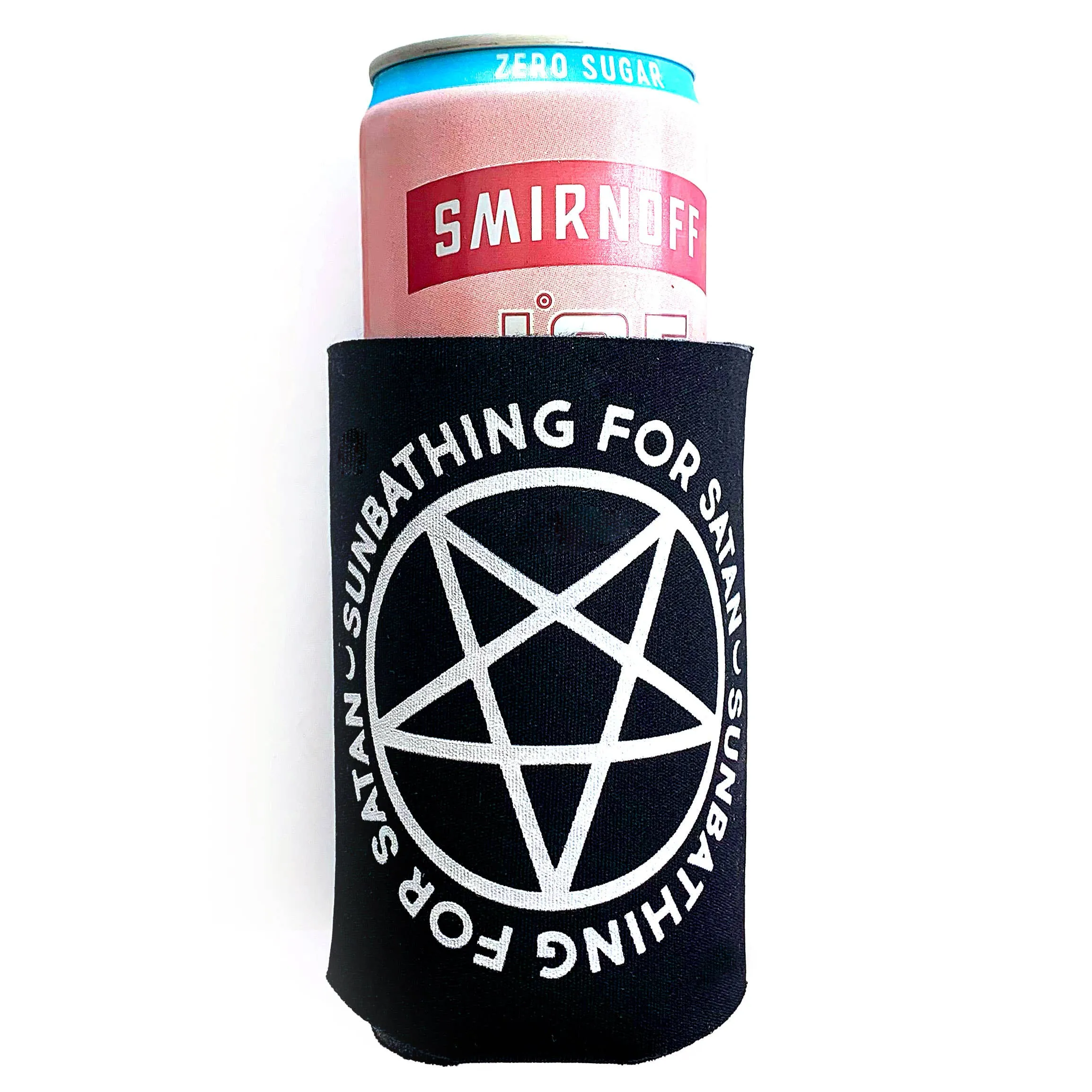 "Sunbathing For Satan" Pentagram Black Neoprene Can Holder (Krystan Saint Cat)