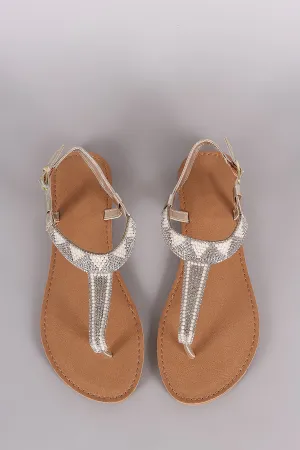 Qupid Pearl and Rhinestone T- Strap Flat Sandal