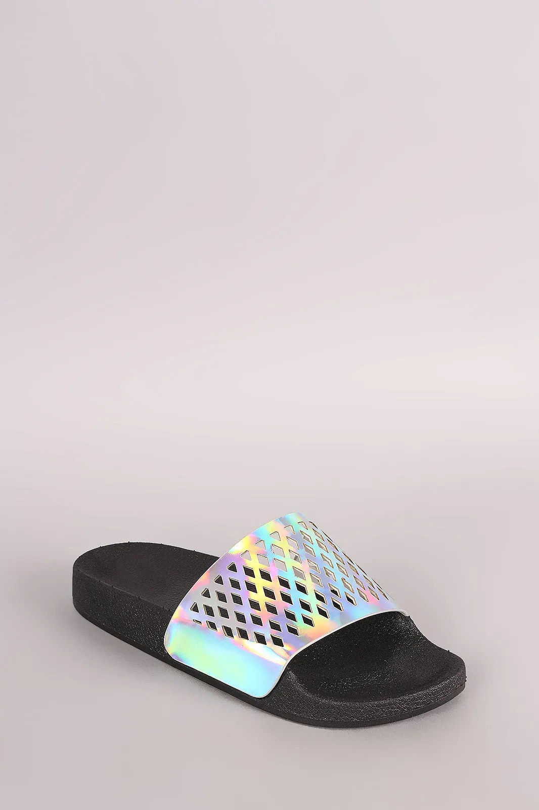 Qupid Perforated Hologram Open Toe Slide Sandal