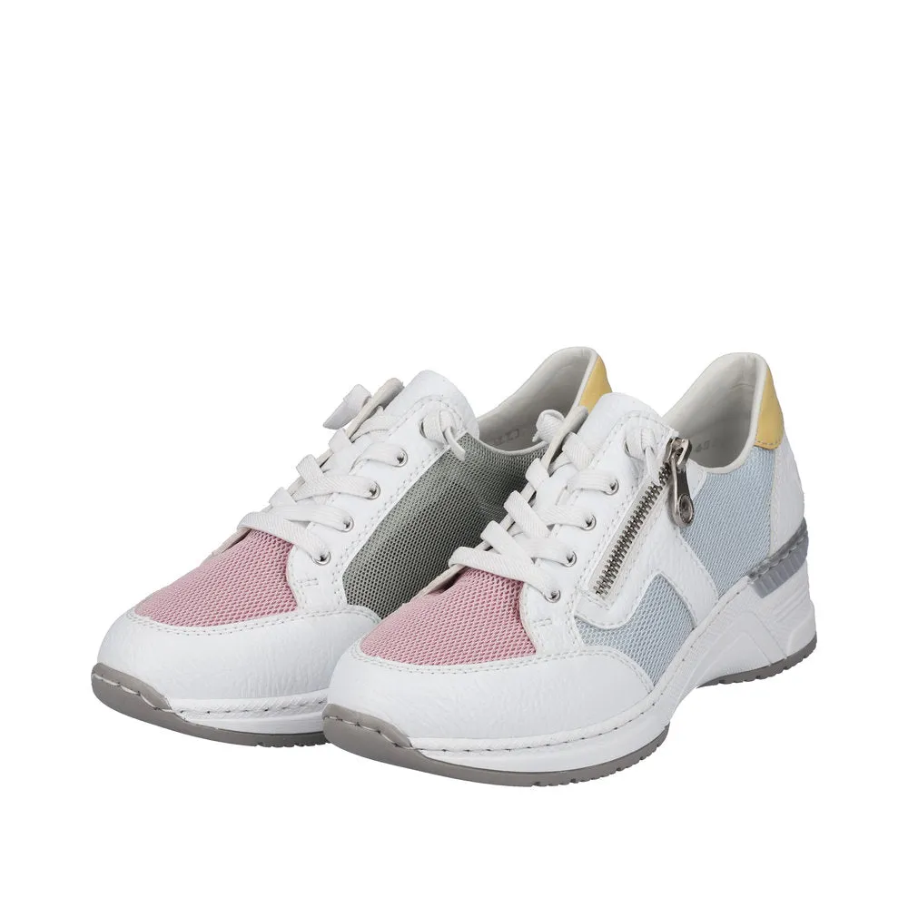 Rieker N4359-90 Ladies White Multi Textile Zip & Lace Trainers