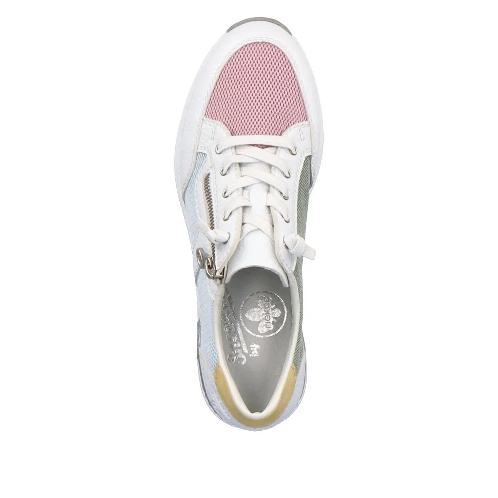 Rieker N4359-90 Ladies White Multi Textile Zip & Lace Trainers