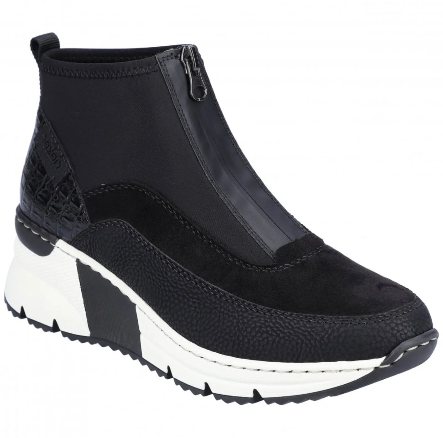 Rieker N6352-00 Wildbuk Black And White Wedge Zip Front Ankle Trainer Boots