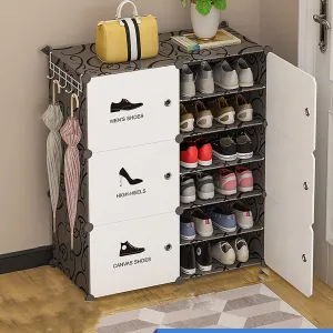 SNKR ESSENTIALS Shoe Rack for Home Plastic, Portable Shoe Rack with Dustproof Door for Heels/Slippers/Boots, Shoe Storage Cabinet with Hooks for Entryway or Bedroom (White Black)