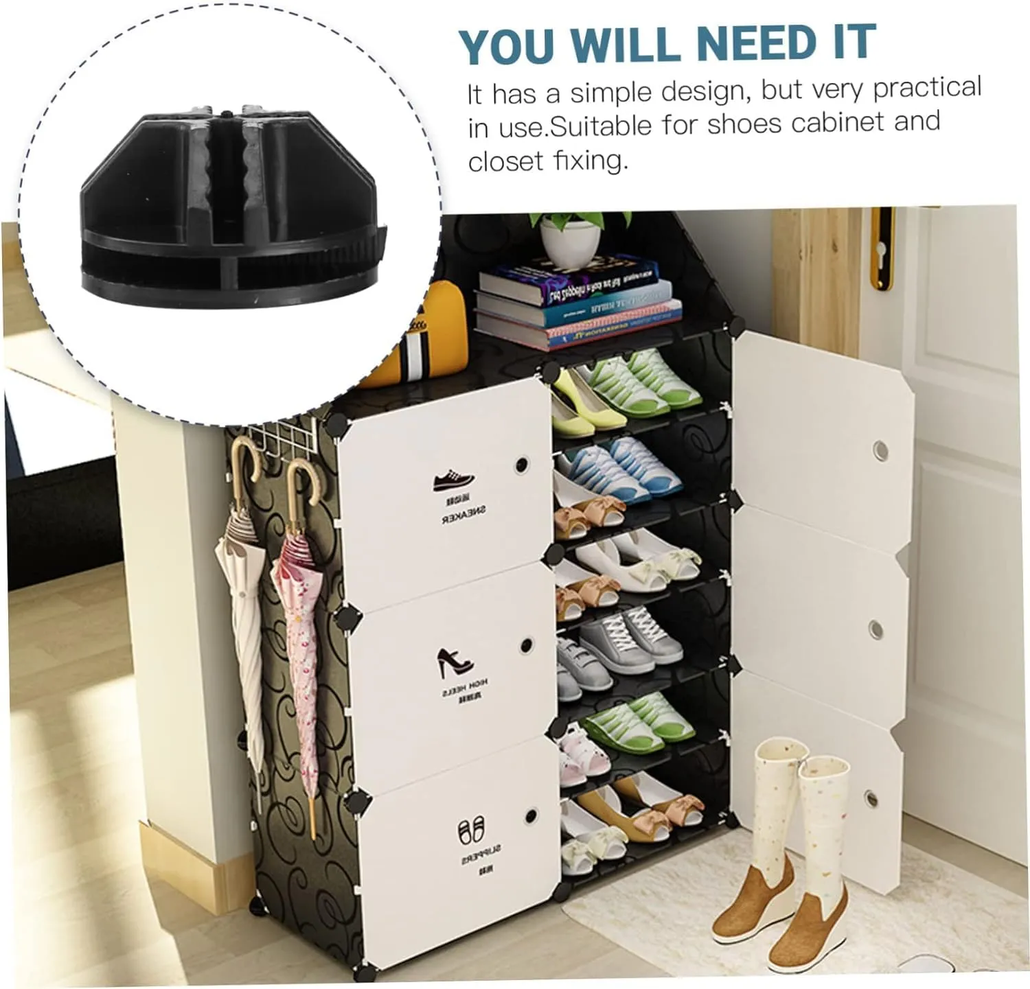 SNKR ESSENTIALS Shoe Rack for Home Plastic, Portable Shoe Rack with Dustproof Door for Heels/Slippers/Boots, Shoe Storage Cabinet with Hooks for Entryway or Bedroom (White Black)