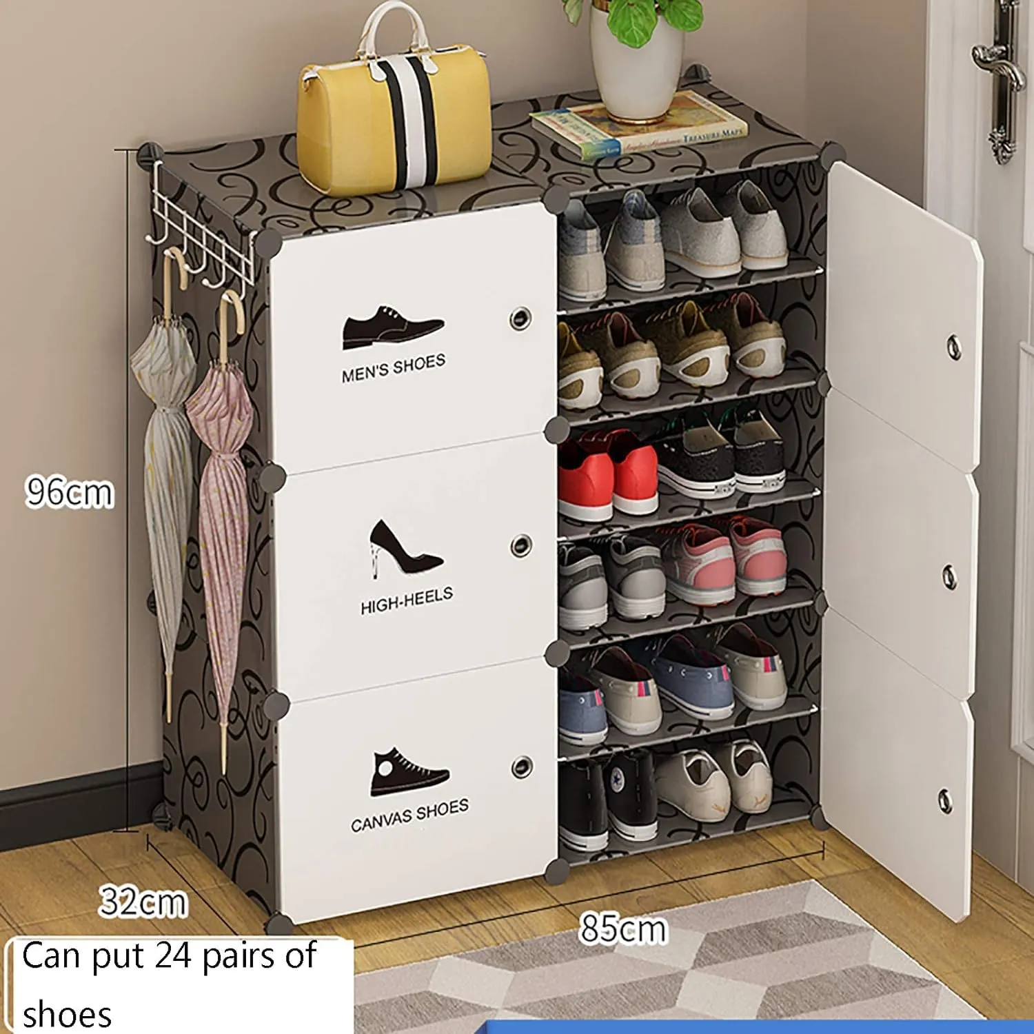 SNKR ESSENTIALS Shoe Rack for Home Plastic, Portable Shoe Rack with Dustproof Door for Heels/Slippers/Boots, Shoe Storage Cabinet with Hooks for Entryway or Bedroom (White Black)