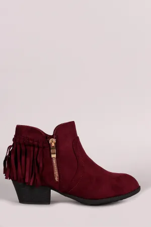 Suede Back Fringe Block Heel Booties