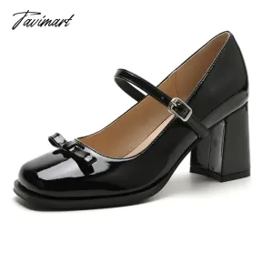 Tavimart Black bow retro high heels Mary Jane College women's single shoes