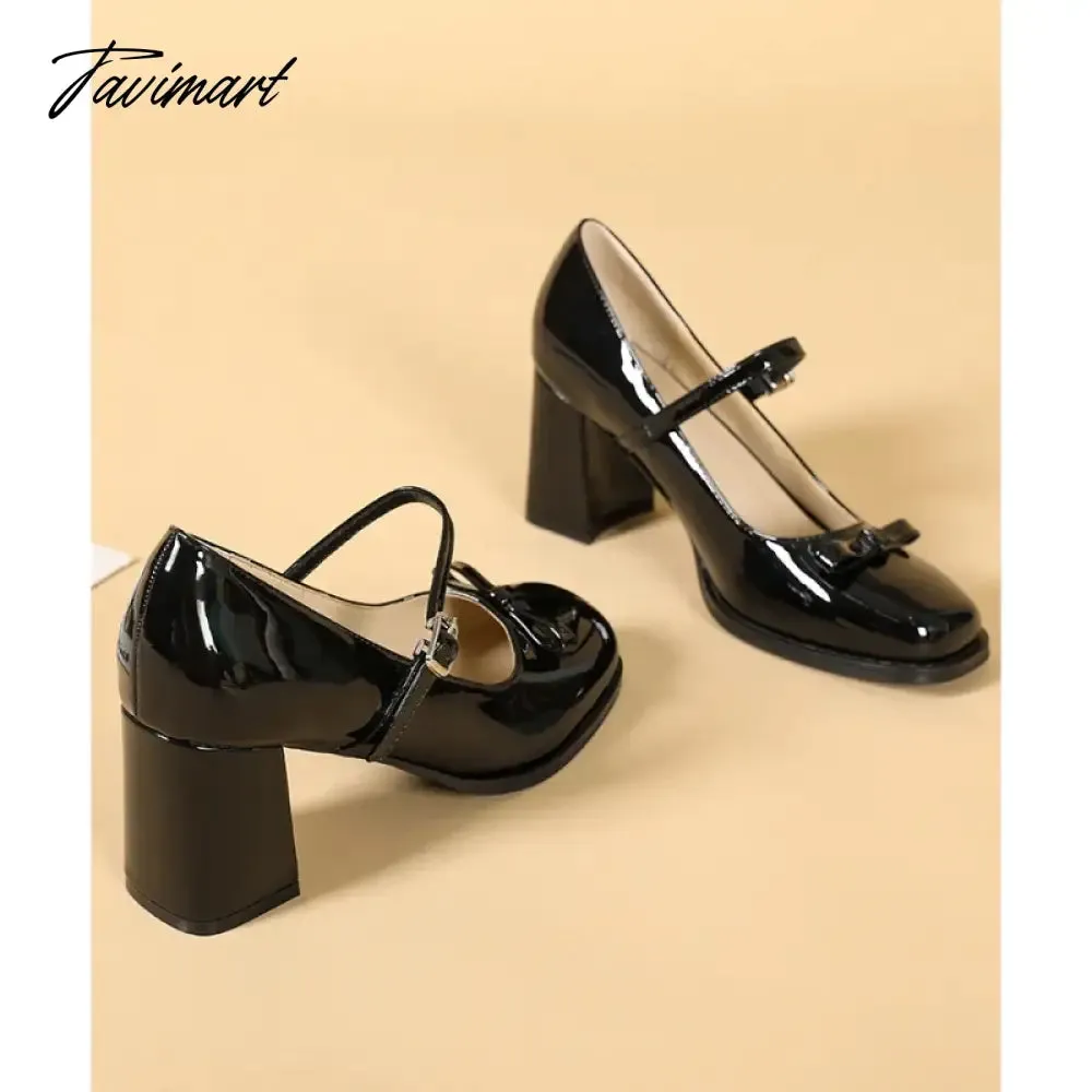 Tavimart Black bow retro high heels Mary Jane College women's single shoes