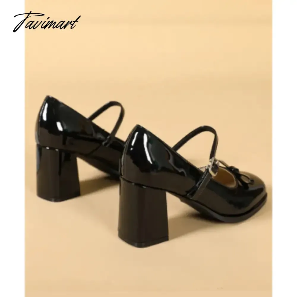 Tavimart Black bow retro high heels Mary Jane College women's single shoes