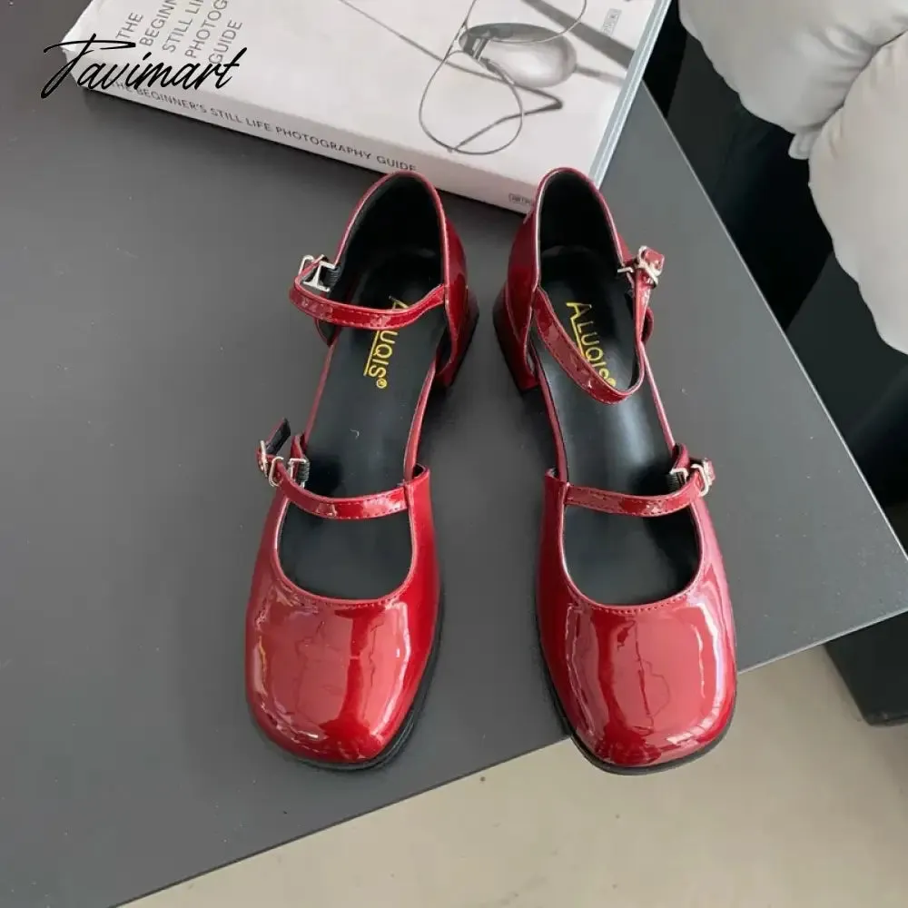 Tavimart New Mary Jane Shoes Buckle Pumps Women Thick Heels Elegant Shallow Square Toe Footwear Party Office Lady Leather Shoes