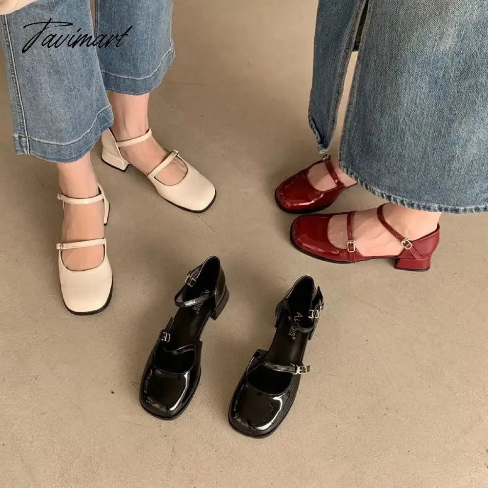 Tavimart New Mary Jane Shoes Buckle Pumps Women Thick Heels Elegant Shallow Square Toe Footwear Party Office Lady Leather Shoes