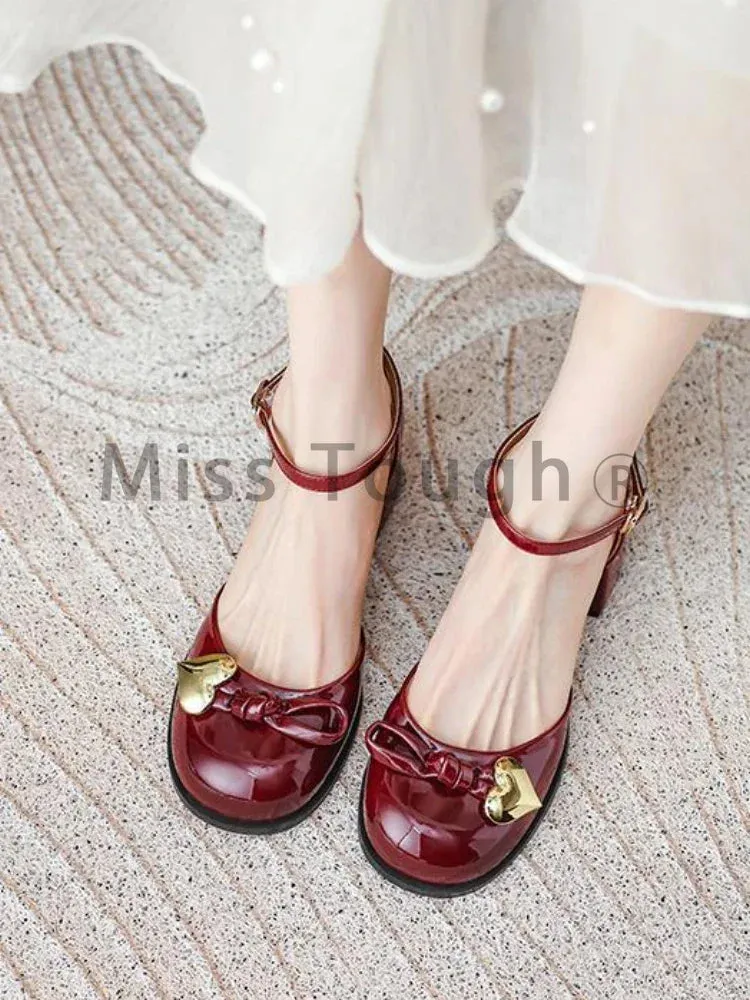 TAVIMART  -  Solid French Vintage Mary Janes Shoes Women Bow-knot Sweet Elegant Pumps Shoes Female Heart-shape Korean Fashion Shoes New