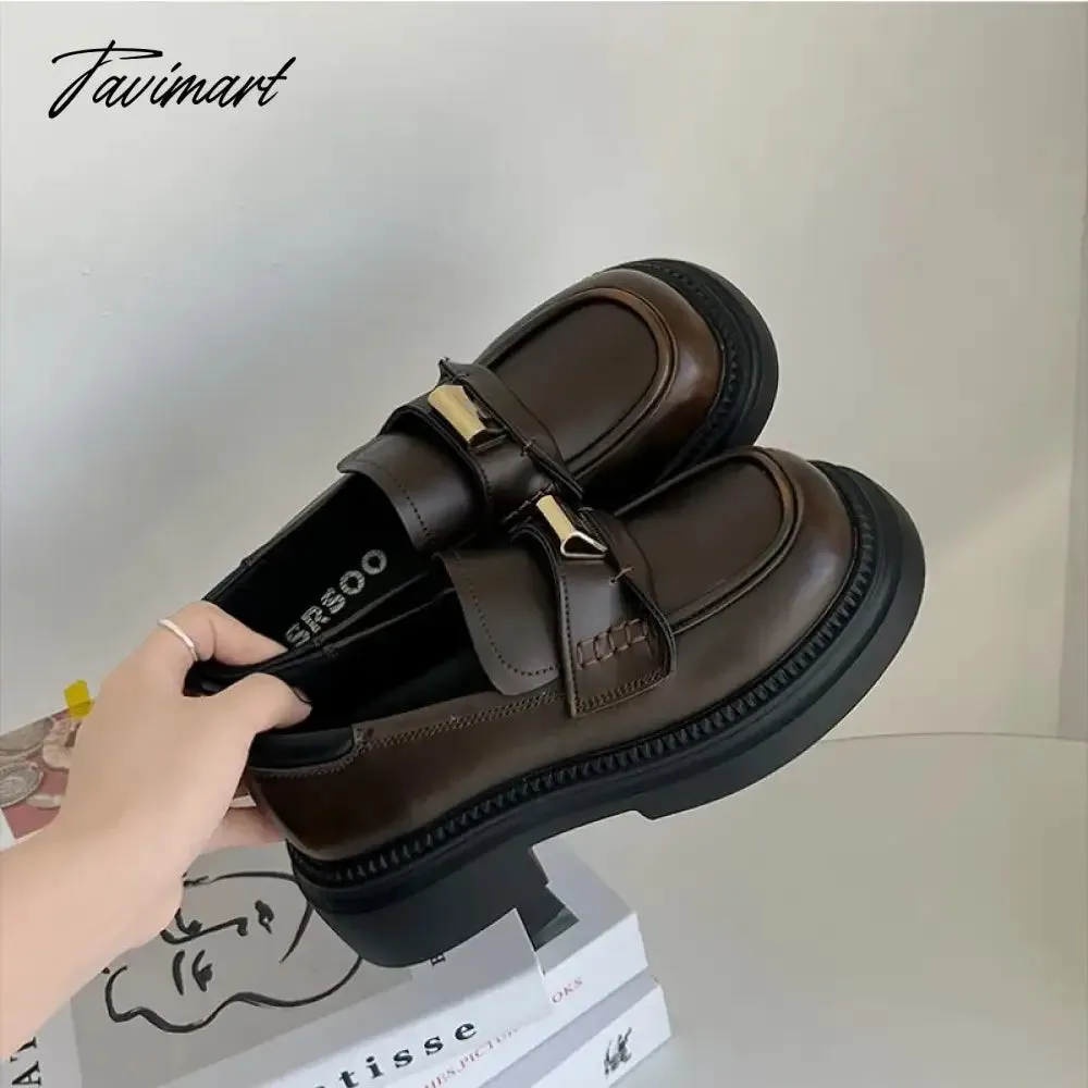 Tavimart Versatile brown retro British style platform shoes women's new autumn slip-on block heel loafer single shoes