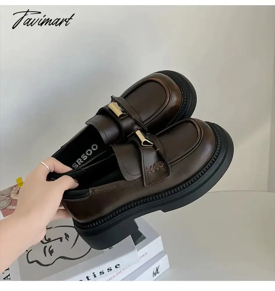 Tavimart Versatile brown retro British style platform shoes women's new autumn slip-on block heel loafer single shoes