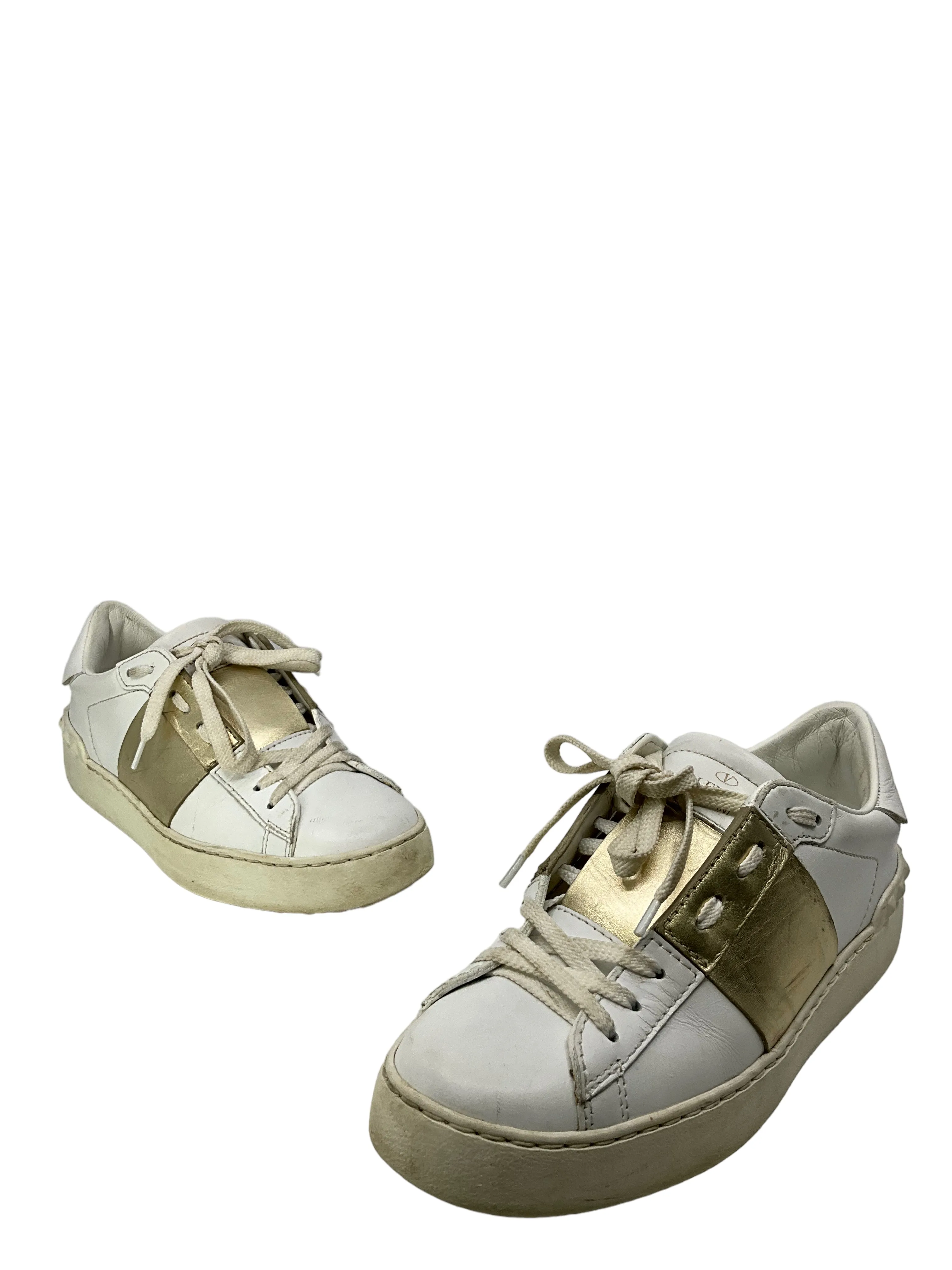 Valentino Garavani Rockstud White And Gold Leather Sneakers Size 6.5