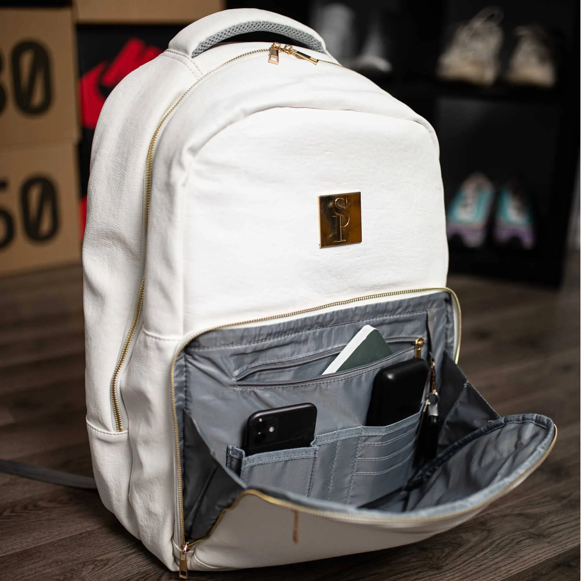 White Tumbled Leather 2 Bag Set (Commuter and Duffle)