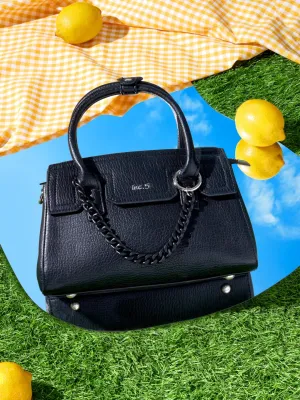 Women Black Solid Handheld Bag with Detachable Strap and Chain Detailing