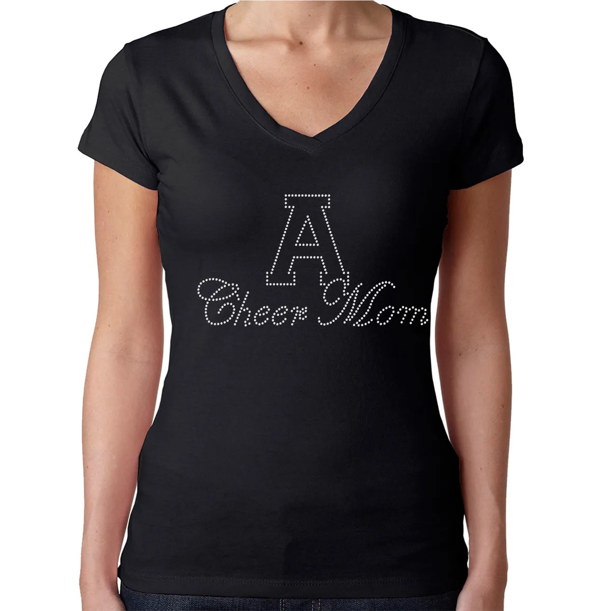 Womens T-Shirt Rhinestone Bling Black Fitted Tee Capital A Cheer Mom