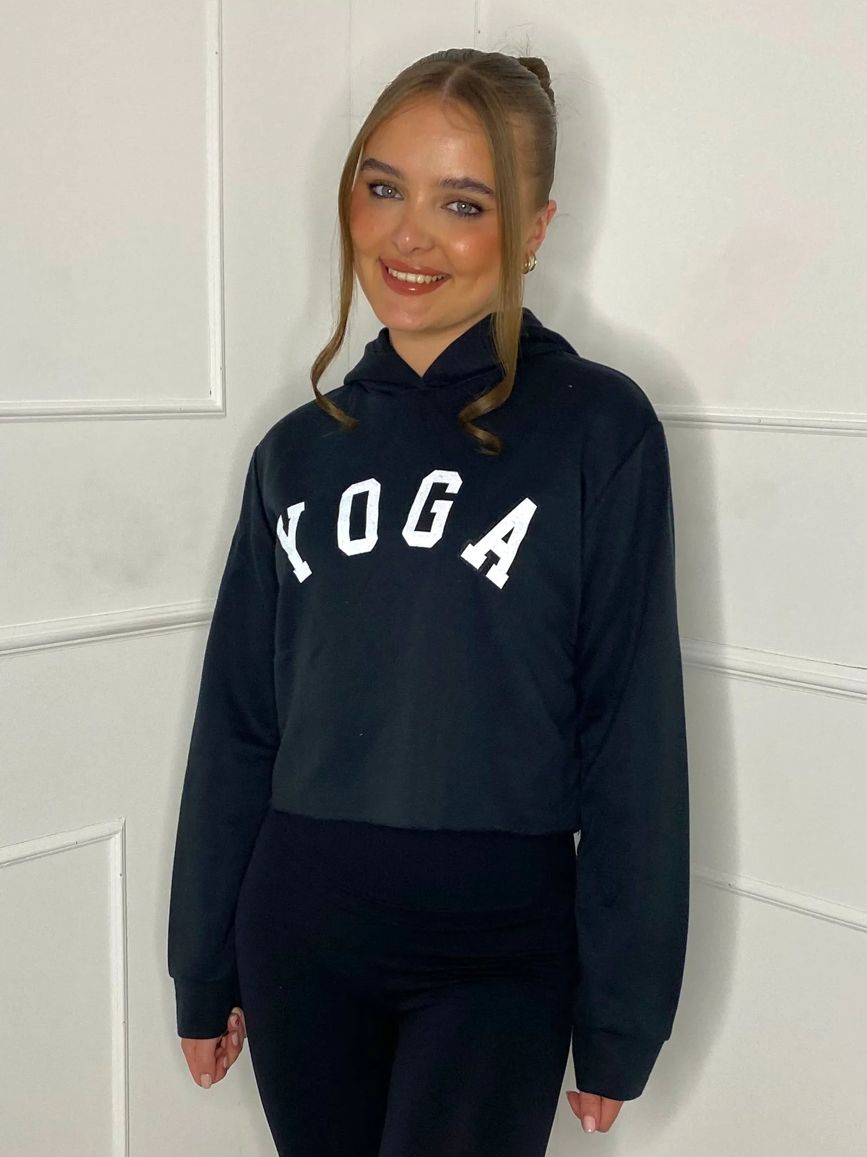 Yoga Print Cropped Hoodie - Black