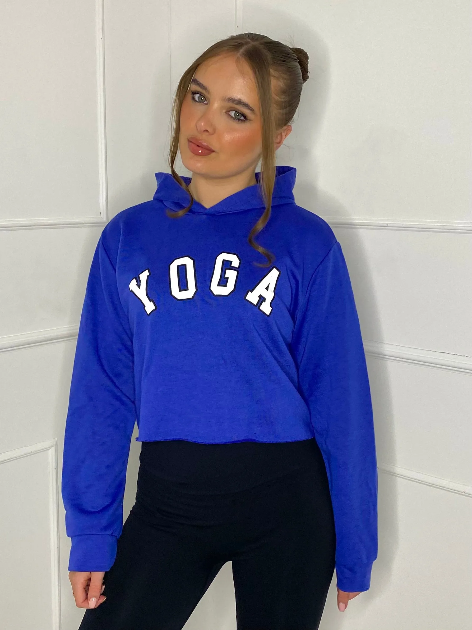 Yoga Print Cropped Hoodie - Royal Blue